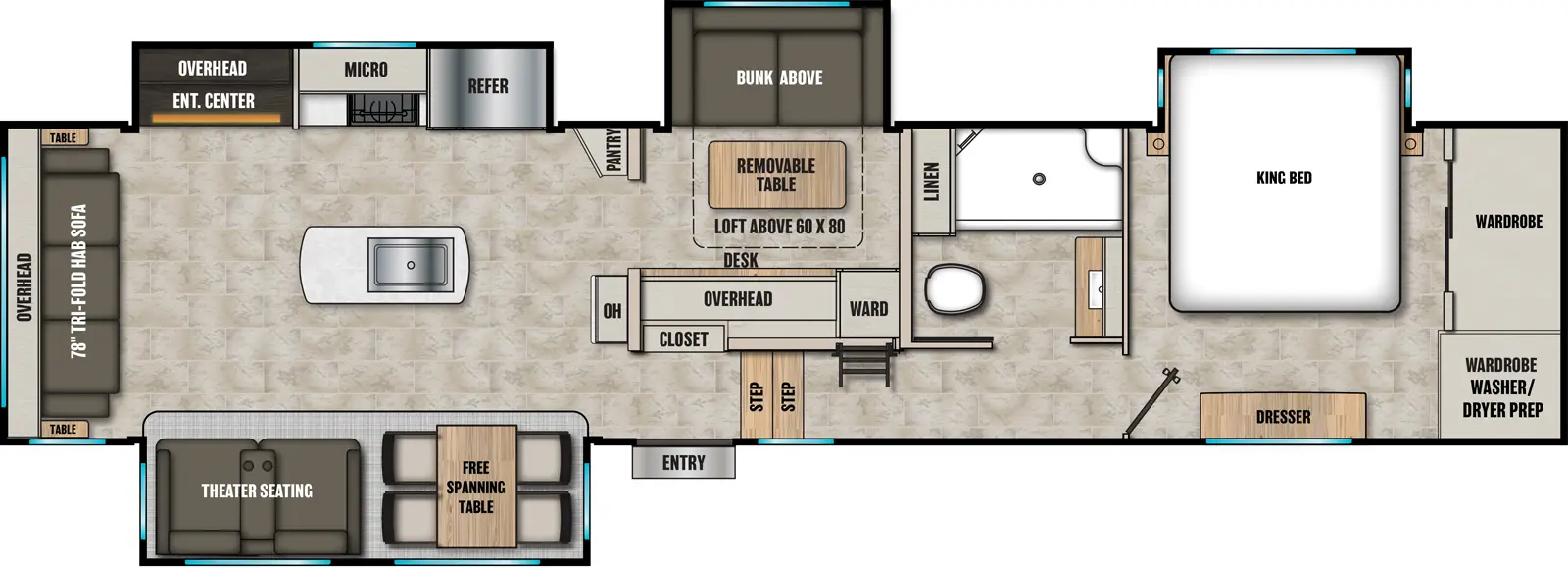 The Brookstone 398MBL floorplan has one entry and four slide outs. Exterior features include: fiberglass exterior and 20' awning. Interiors features include: bunk beds, loft, kitchen island, free-standing dinette option, front bedroom and rear living.